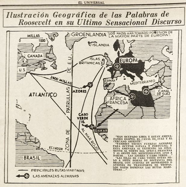 Mapa de “protección americana” en aguas del Atlántico. El gobierno estadounidense aseguró a los gobernantes latinoamericanos que “las facilidades otorgadas para el empleo de Groenlandia como base defensiva del continente son brindadas a toda América Latina y pueden ser empleados por los aviones militares de dichos países en defensa del Hemisferio”. Foto: Hemeroteca EL UNIVERSAL.