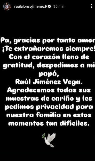 Mensaje de Raúl Jiménez en su Instagram / Foto: @raulalonsojimenez9