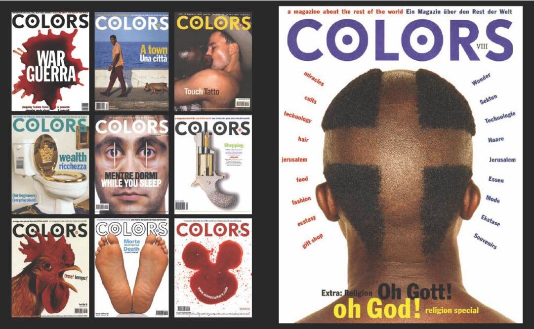 Publicidad para Jesus Jeans, 1973
Portadas de COLORS, una revista sobre el resto del mundo, 1991-2000
Moda para Corriere della Sera, 1990
Raza Humana, retratos, 2016
(Todas las imágenes ©Toscani)