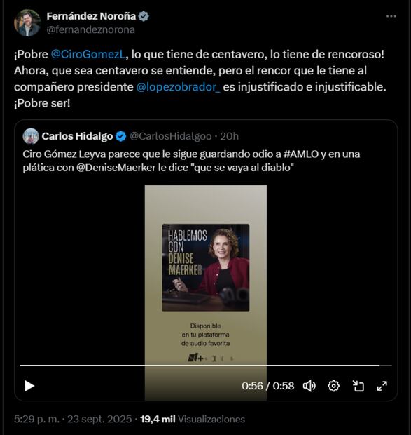 Publicación en X de Fernández Noroña donde se lanza contra Ciro Gómez Leyva. Foto: captura de pantalla