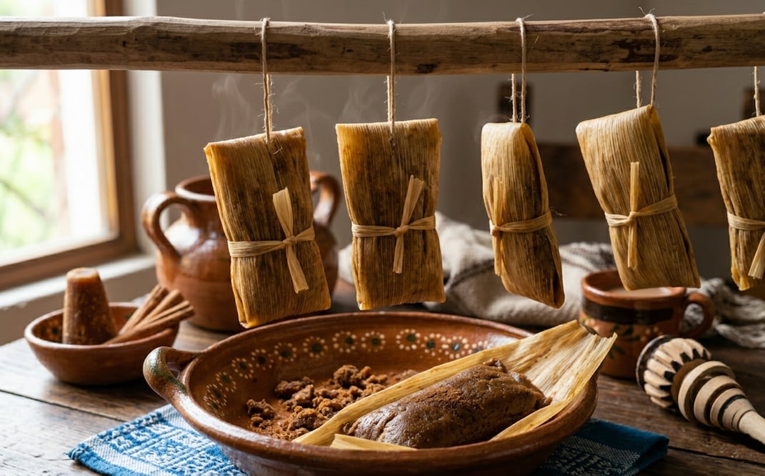 En algunos lugares suelen colgar los tamales después de cocerse; sin embargo, este paso no es obligatorio en la receta. Fotos creadas con IA