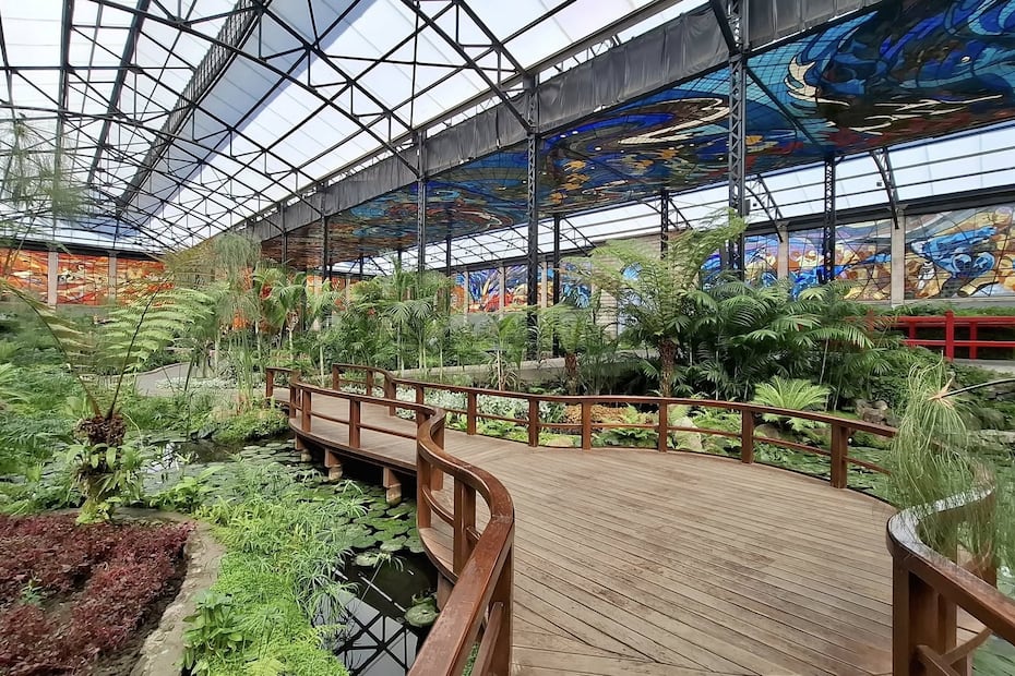 Más de 400 especies vegetales conviven bajo los vitrales monumentales de Leopoldo Flores. Foto: Facebook Cosmovitral Jardín Botánico