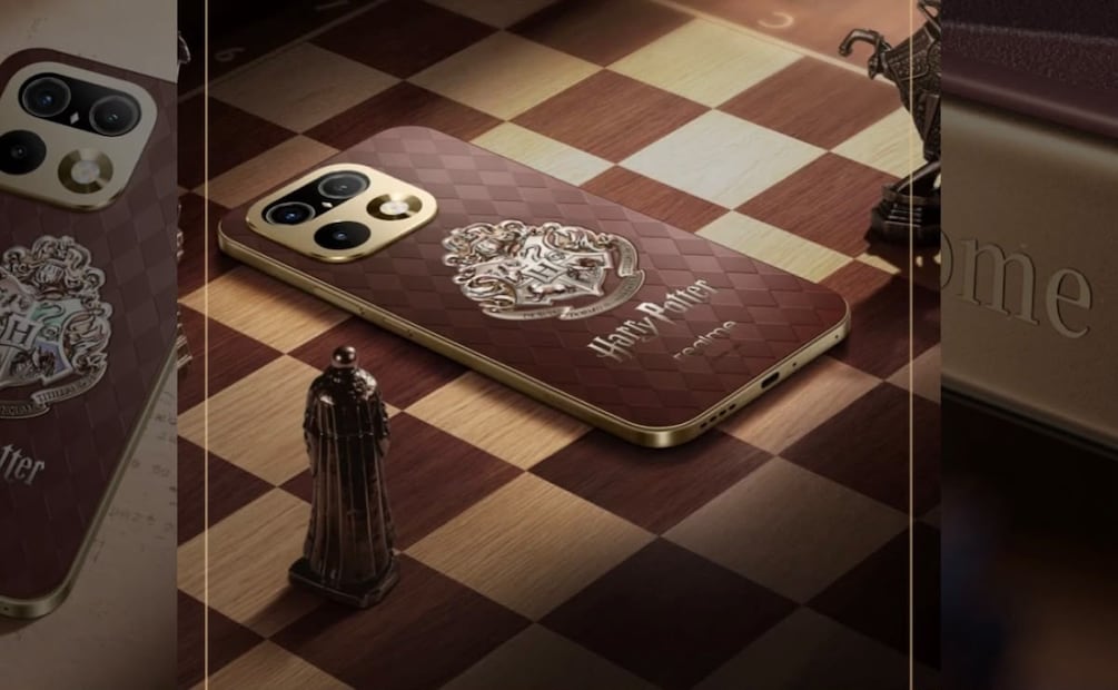 El nuevo celular de Harry Potter presenta un diseño con acabados dorados y marrones. Foto: Realme