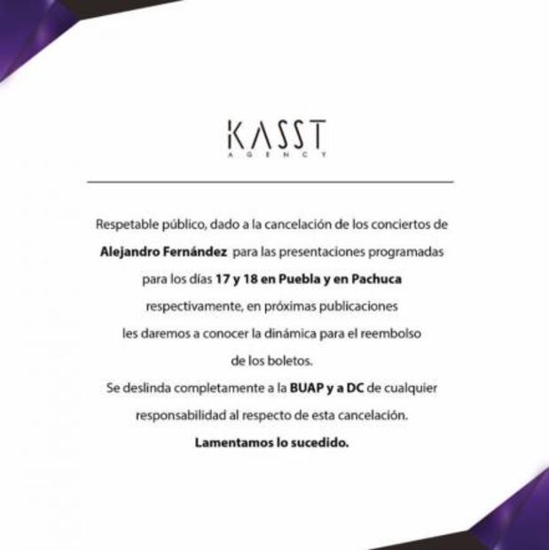 Cancelan conciertos de Alejandro Fernández en Puebla y Pachuca 
