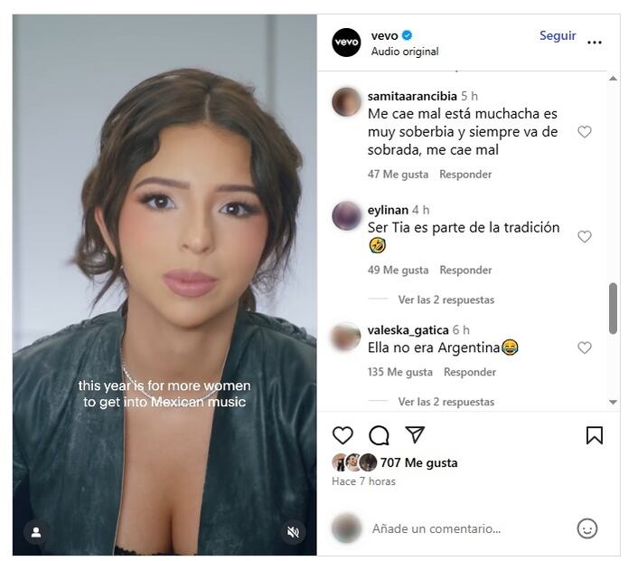 Comentarios en contra de Ángela Aguilar inundan publicación de la plataforma Vevo, la cual reconoce el talento de la cantante.