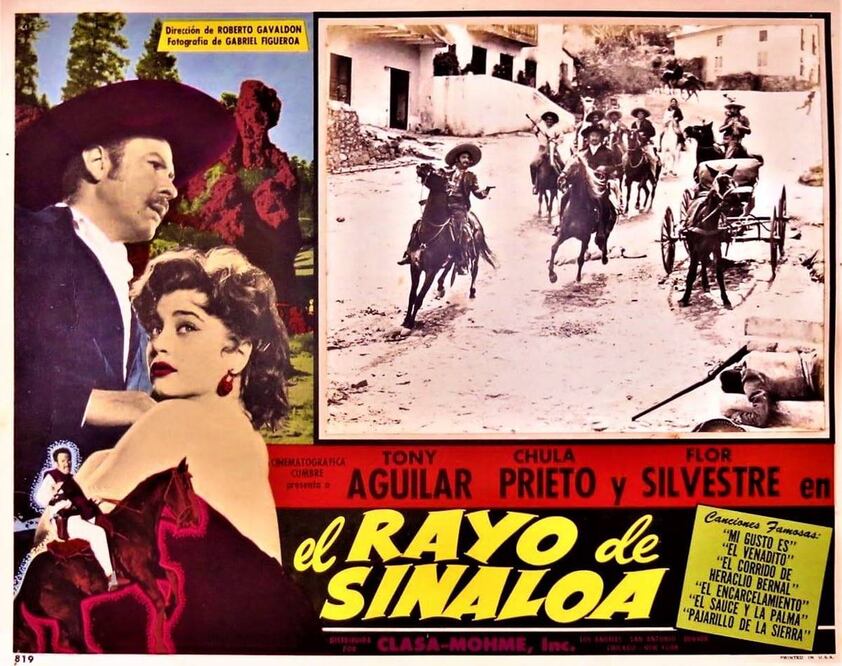 En "El Rayo de Sinaloa" (1958), secuela de "Aquí está Heraclio Bernal", Roberto Gavaldón abordó la venganza del casi legendario bandido sinaloense, interpretado por Antonio Aguilar. Foto: IMDB.