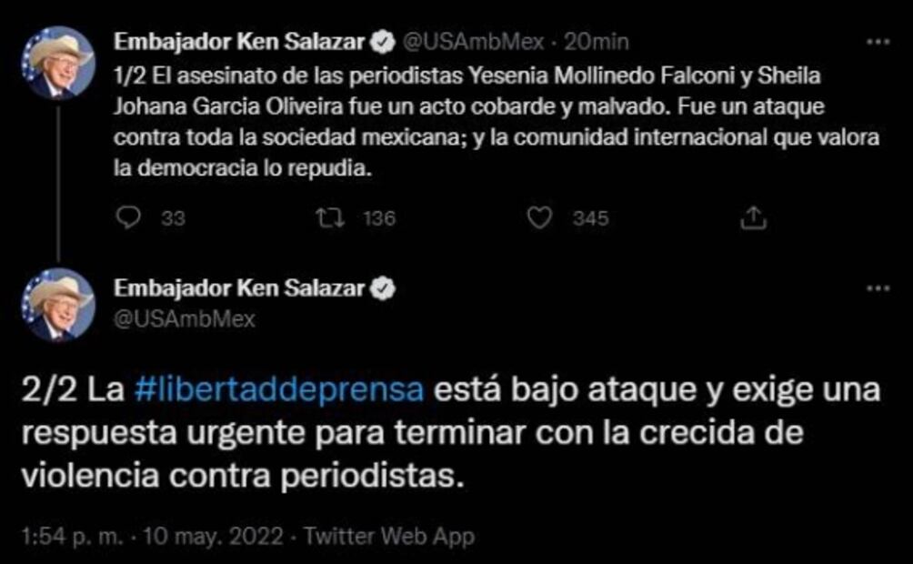 Asesinato de periodistas en Veracruz, un acto "cobarde y malvado": Ken Salazar