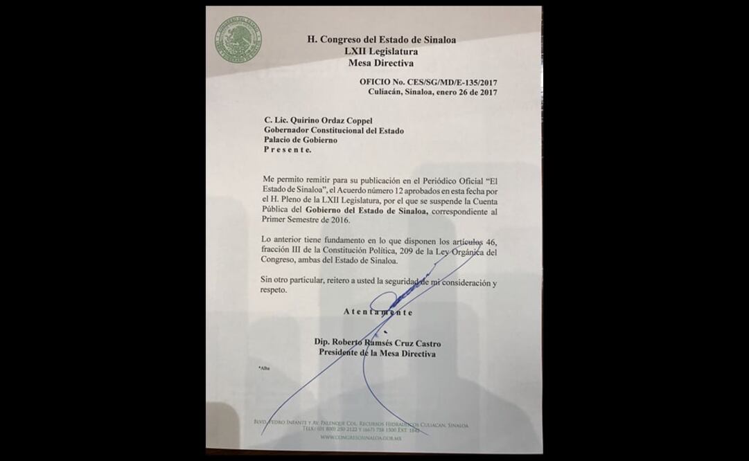 Por medio de un oficio, el Congreso local notificó al gobernador el rechazo de una cuenta pública de la administración anterior. (Foto: Especial)