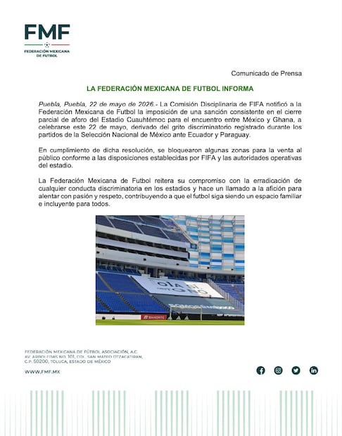 Comunicado de la Federación Mexicana de Futbol, previo al partido amistoso entre México y Ghana - Foto: @FMF en X
