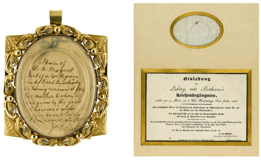 El mechón ayce dentro de un medallón dorado del siglo XIX y acompañado de un manuscrito. FOTO: EFE