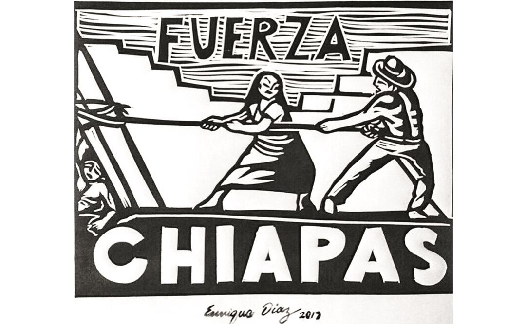 Un grabado refleja la solidaridad de un hombre y una mujer que buscan ayudar a una persona que está debajo de una casa caída. (CORTESÍA)