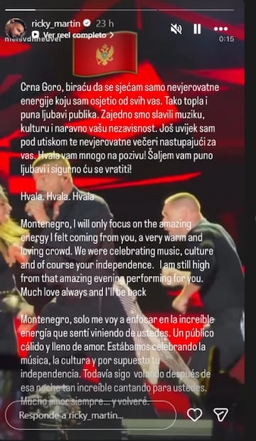 El cantante dedicó un mensaje al público de Montenegro tras el incidente. Foto: Captura de pantalla.