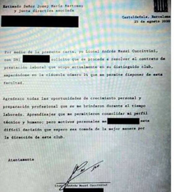 Se filtró el documento que Messi le envió al Barcelona