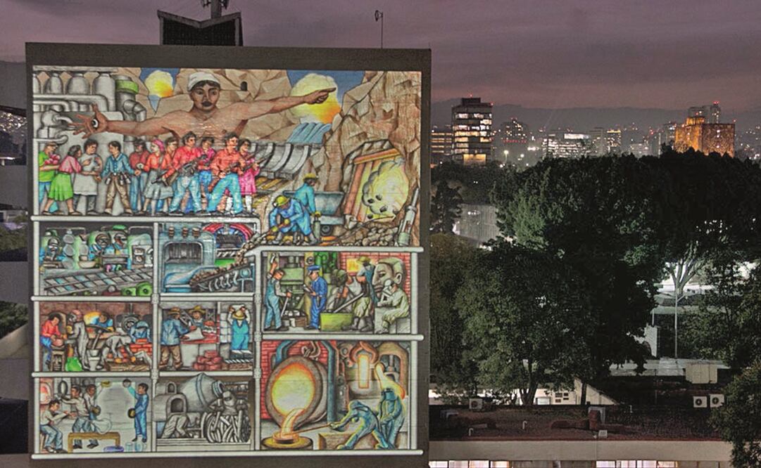 En la conmemoración de los 105 años de la ENCQ se proyectaron los dos bocetos sobre el muro occidental del edificio A de la Facultad de Química. Foto: UNAM