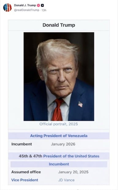 La imagen se publica en el contexto de la captura, la madrugada del sábado 3 de enero, de Nicolás Maduro, a quien fuerzas estadounidenses extrajeron para trasladar a Estados Unidos para enfrentar cargos de narcotráfico en Nueva York. Foto: captura de pantalla