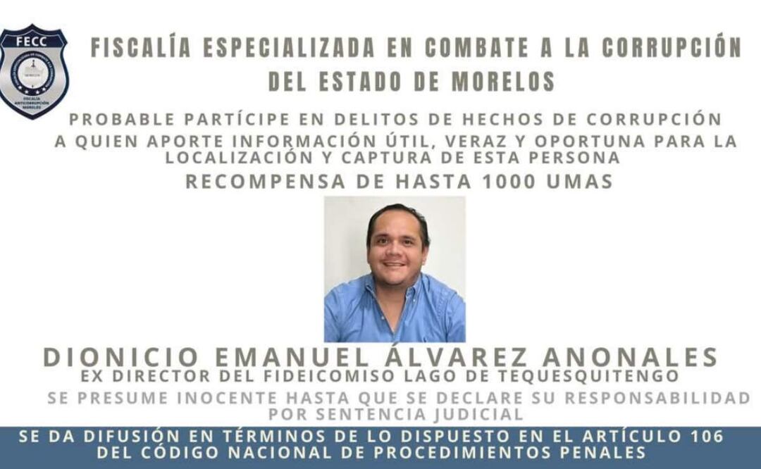 Dionicio Emanuel Álvarez Anonales, exdirector del Fideicomiso Lago de Tequesquitengo en Morelos es buscado por las autoridades (13/03/2025). Foto: Fiscalía de Morelos