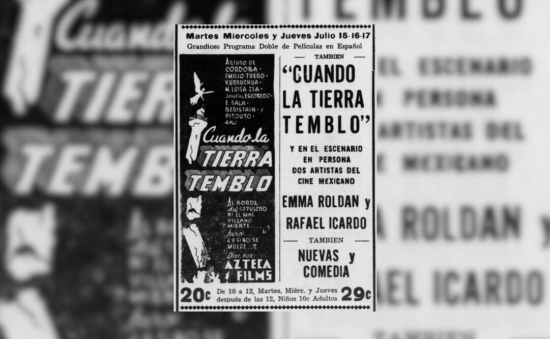 Anuncio de “Cuando la Tierra Tembló” de 1941, en el diario estadounidense El Mensajero, el 11 de julio de 1941. En su imagen se ve el Ángel de la Independencia cayendo en pedazos. Foto: Library of Congress/ESPECIAL.