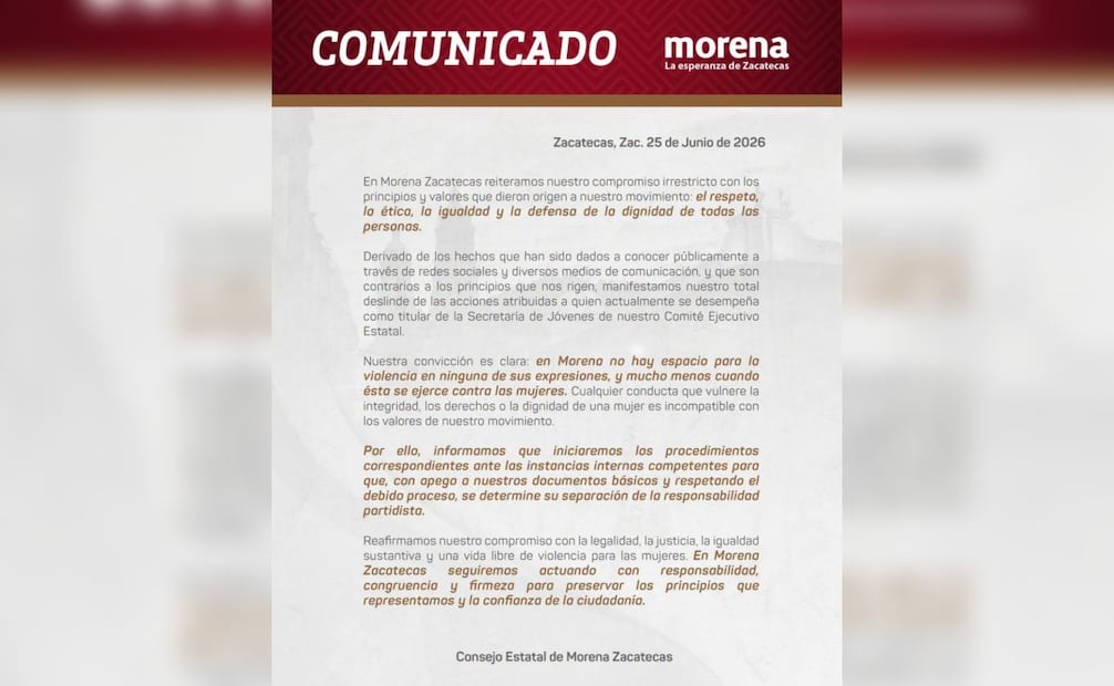 Dirigente juvenil de Morena Zacatecas agrede a conductora en festejos de México; es separado de su cargo.
Foto: Especial.
