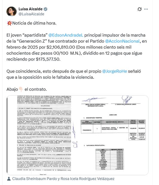 El PAN contrató a Edson Andrade, impulsor de marcha de la Generación Z, revela Luisa Alcalde. Foto: Captura de pantalla