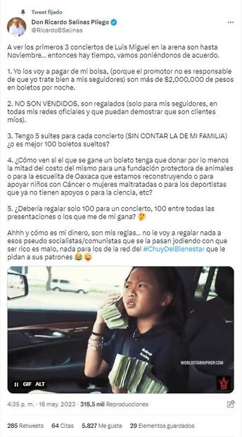Tweet de Salinas Pliego sobre boletos de Luis Miguel
