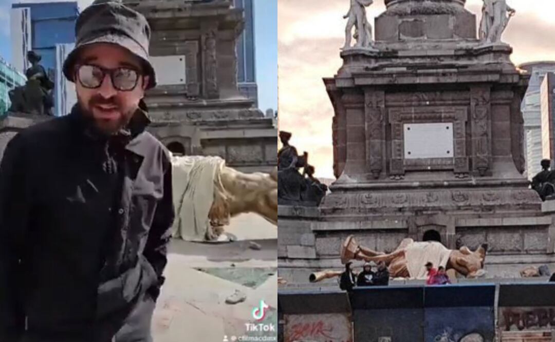 En el video explicó que el ángel no se cayó sino que se trató de una réplica hecha de goma y que la verdadera escultura se encontraba intacta en su lugar. Fotos: Redes sociales