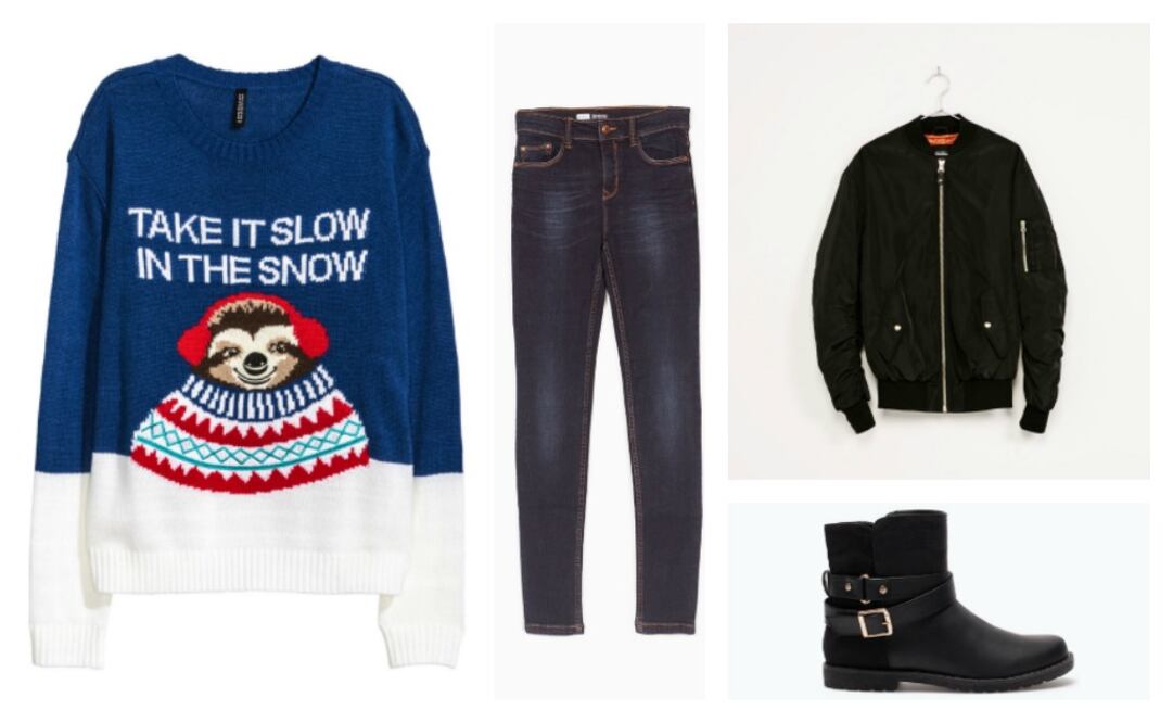 Jeans Stradivarius $399; Jersey H&M $349; Bomber Bershka $399; Botines Lefties $699