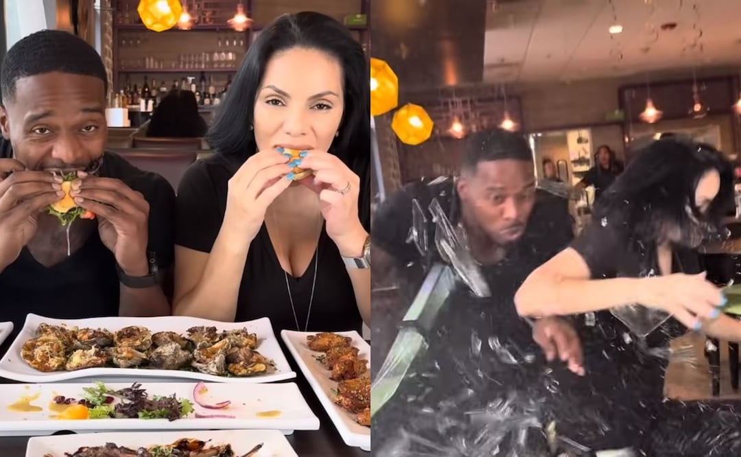 Patrick Blackwood y Nina Santiago fueron sorprendidos por un vehículo que se estrelló contra el restaurante donde se encontraban mientras grababan un video para sus redes. Foto: Captura de video