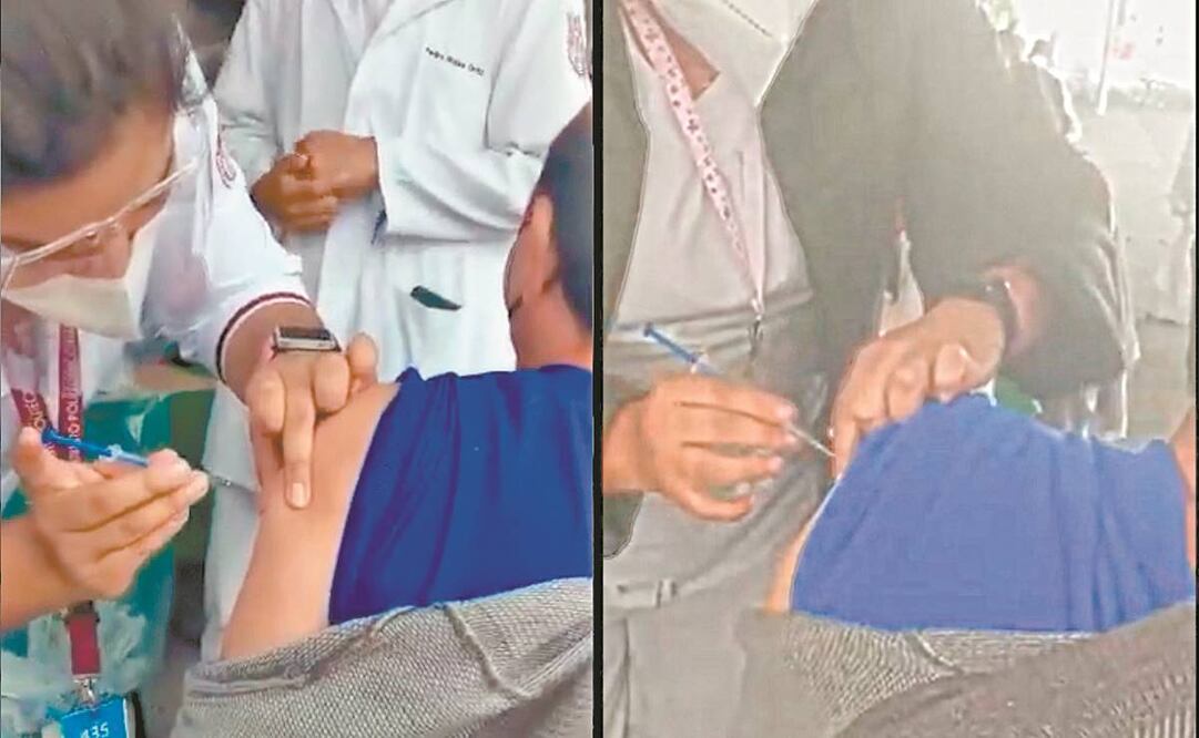 Una usuaria de redes sociales difundió un video en el que una enfermera inyecta a un adulto mayor, pero sin dosis en la jeringa. Foto: captura de video.