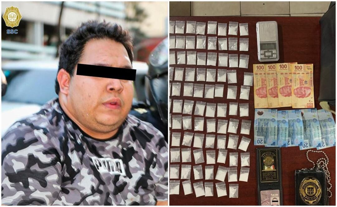 Le encuentran un arma de fuego calibre 380, 109 bolsitas con cocaína y una placa metálica con la leyenda "Policía Distrito Federal". Foto: SSC