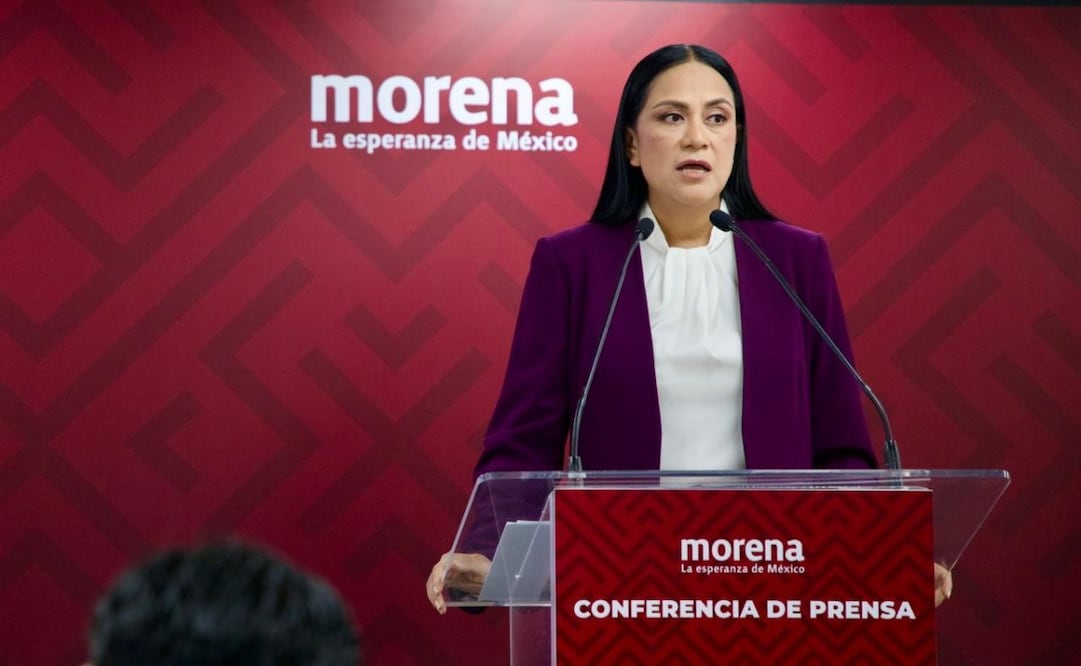 La presidenta nacional de Morena, Ariadna Montiel Reyes, en conferencia de prensa. Foto: Especial