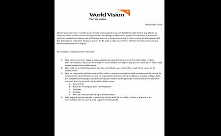 World Visión se compromete a identificar la causa de intoxicación de niños