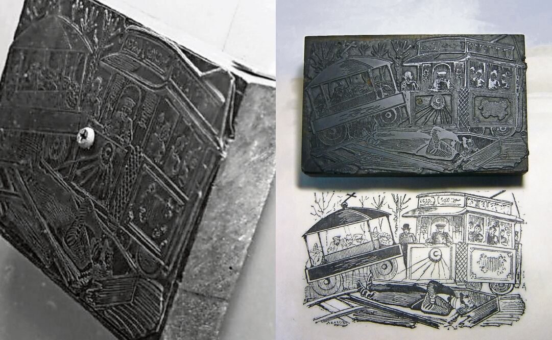 A la izquierda, el grabado Formidable choque de un tranvía perforado en el centro; a la derecha, el dibujo y la placa original, sin daño alguno. 
A la izquierda, el grabado Formidable choque de un tranvía perforado en el centro; a la derecha, el dibujo y la placa original, sin daño alguno. Fotos: tomadas de redes sociales