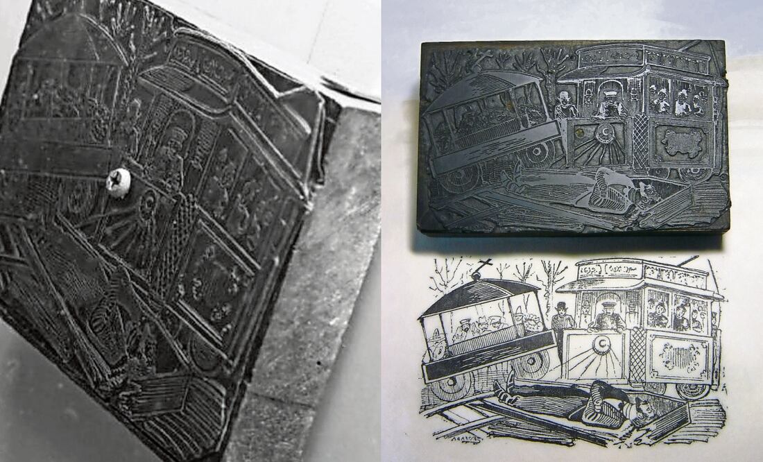 A la izquierda, el grabado Formidable choque de un tranvía perforado en el centro; a la derecha, el dibujo y la placa original, sin daño alguno. 
A la izquierda, el grabado Formidable choque de un tranvía perforado en el centro; a la derecha, el dibujo y la placa original, sin daño alguno. Fotos: tomadas de redes sociales