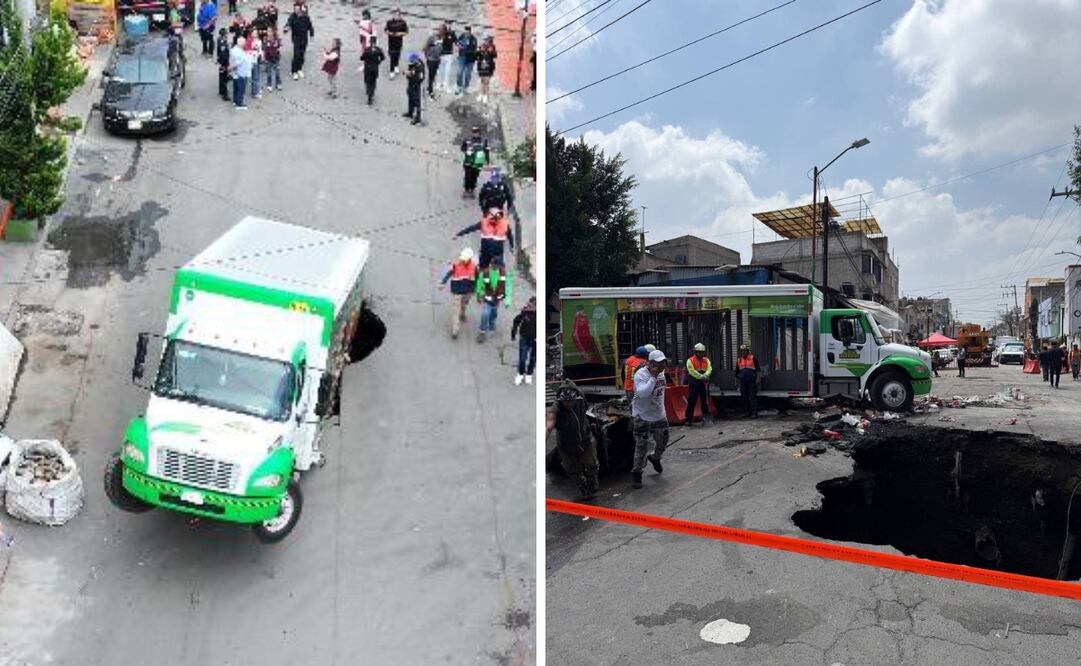 Un camión repartidor de refrescos cayó en un socavón en Iztapalapa, Ciudad de México. Foto: Alcaldía Iztapalapa