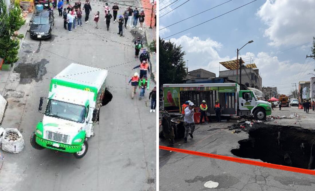 Un camión repartidor de refrescos cayó en un socavón en Iztapalapa, Ciudad de México. Foto: Alcaldía Iztapalapa