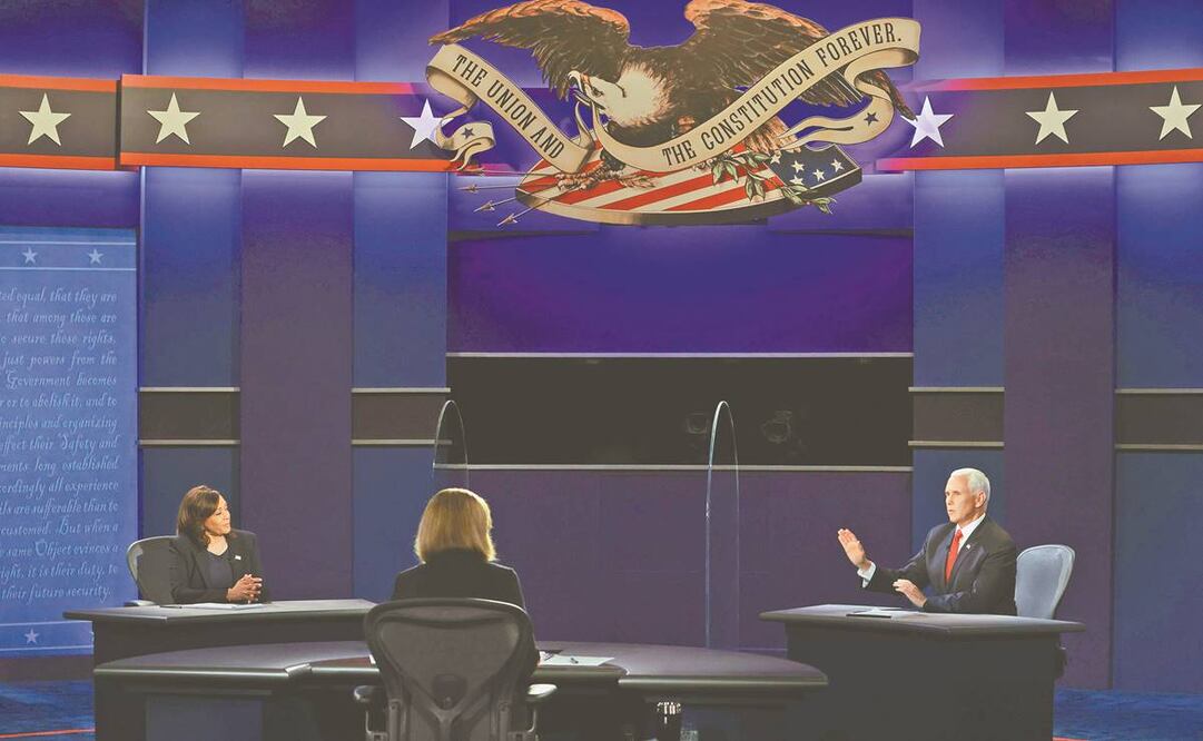 La candidata demócrata a la vicepresidencia de EU, Kamala Harris, ayer durante el debate con el vicepresidente Mike Pence en la Universidad de Utah, en Salt Lake City. Foto: ALEX WONG. AFP