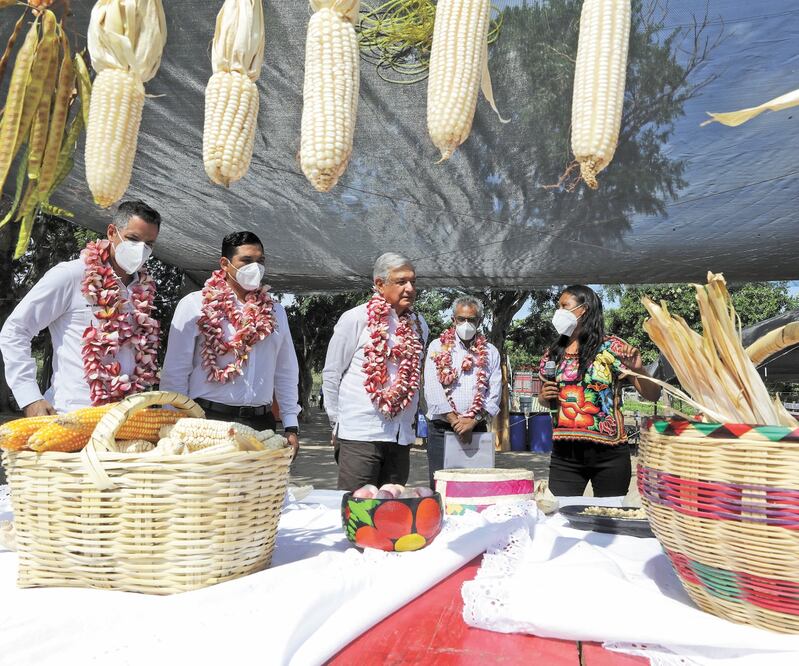 Acompañado por el gobernador de Oaxaca, Alejandro Murat (izq.), el presidente Andrés Manuel López Obrador visitó la Comunidad de Aprendizaje Campesino, El Mexicano. PRESIDENCIA 