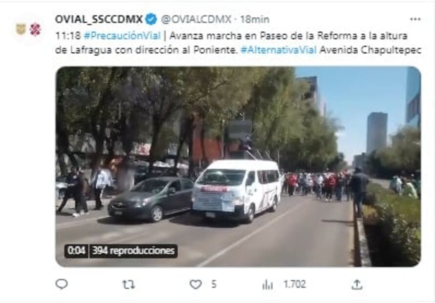 Por marcha, reportan cierres a la circulación sobre Paseo de la Reforma