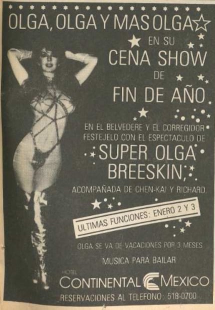 Los shows de Olga Breeskin en el Hotel Continental fueron todo un acontecimiento de la época. La vedette se presentó para recibir el año nuevo 1981.
Hemeroteca EL UNIVERSAL.