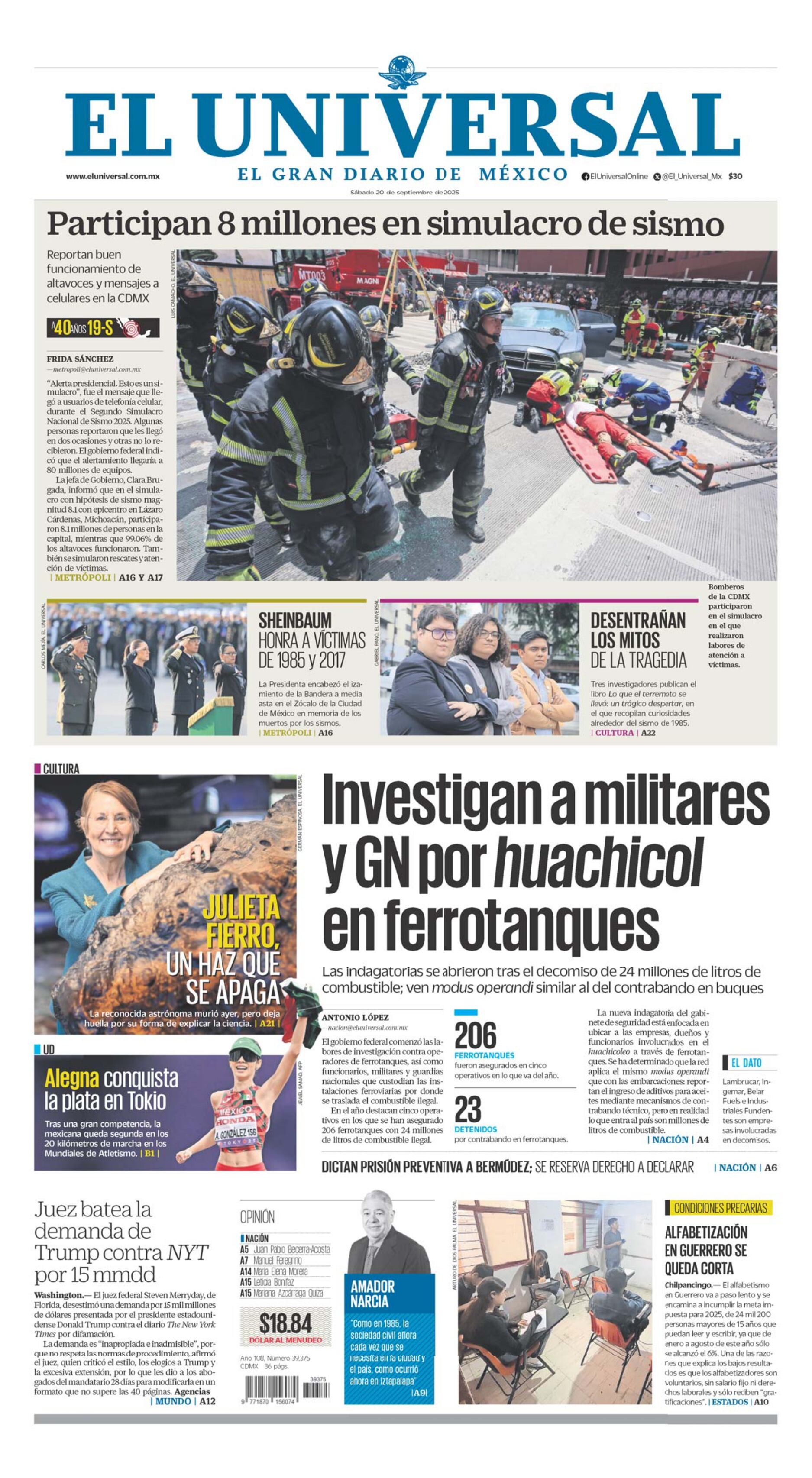 Portada impresa del 20 de septiembre de 2025