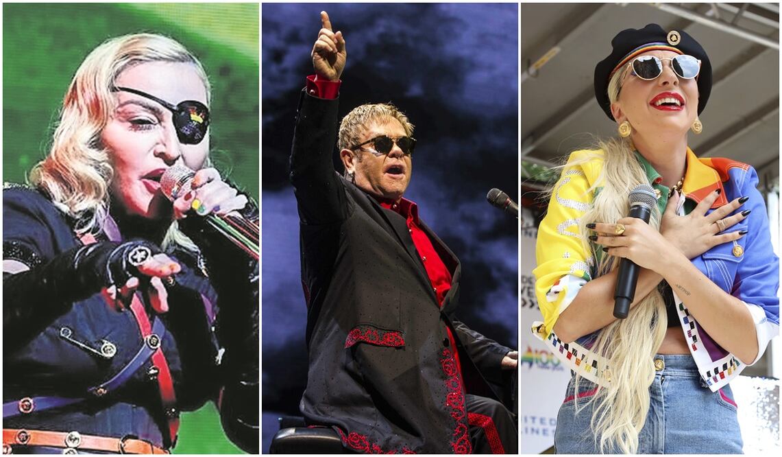 Madonna, Elton John y Lady Gaga. Fotos: Archivo, AP y EFE