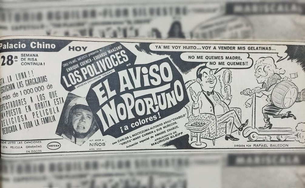 Publicidad de El Aviso Inoportuno. El costo de la entrada al cine varió entre los 3 y 2 pesos, un poco más accesible que otras películas “para que quede al alcance de todo mundo”, según informó este diario. Foto: Hemeroteca EL UNIVERSAL.