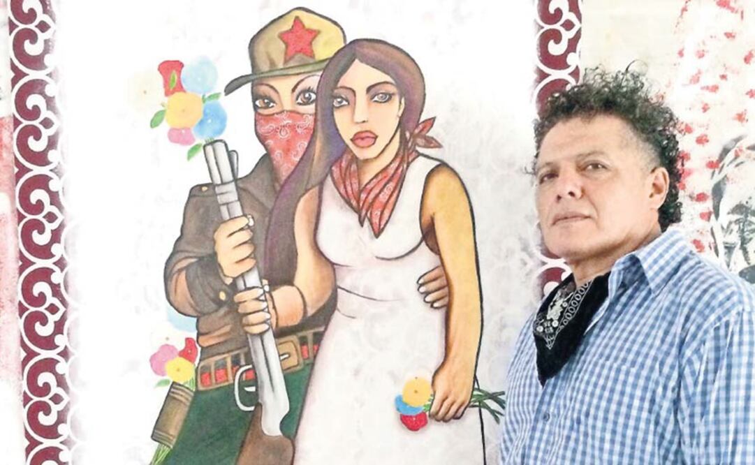 El artista chiapaneco Enrique Díaz busca romper tabúes y promover el debate sobre la diversidad sexual, con obras como la que retoma la cultura del EZLN y muestra a una pareja de mujeres alentadas por la fuerza del amor. FOTO: ÓSCAR GUTIÉRREZ.EL UNIVERSAL