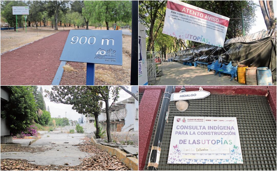 El Parque Japón está considerado para ser la sede de la primera Utopía en Álvaro Obregón; sin embargo, hay protestas vecinales y por eso la obra no ha empezado. Autoridades capitalinas
han señalado intereses políticos en la oposición


El Deportivo Ceylán, ubicado en la colonia Euzkadi, se encuentra cerrado desde hace al menos dos semanas, según los vecinos. Esta es una de las seis utopías cuya obra ya empezó. El
lugar está rodeado por una manta negra.

La antigua sede de la Secretaría de Comunicaciones y Obras Públicas, que quedó en ruinas tras el temblor de 2017, hoy luce con entradas cerradas y con algunos murales a la intemperie. No hay movimiento en el interior.

El proyecto compartirá espacio con el Pilares El Parián, por ello, menos de la mitad del inmueble
se encuentra en funcionamiento. El resto del edificio está desocupado y no se observan
trabajos o maquinaria en la zona

Fotos: Darío Luna y Jorge Medellín / EL UNIVERSAL