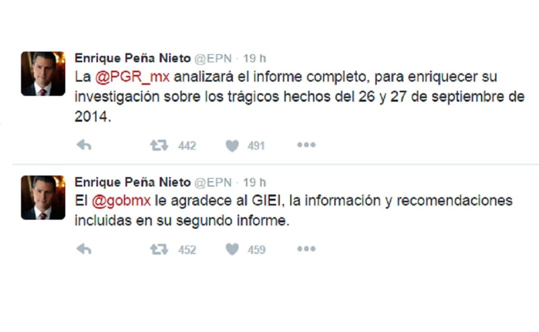President Enrique Peña Nieto wrote in his Twitter account that the federal attorney general's office "will analyze the whole report, to aid in its investigations." (Photo: Taken from Twitter @EPN)