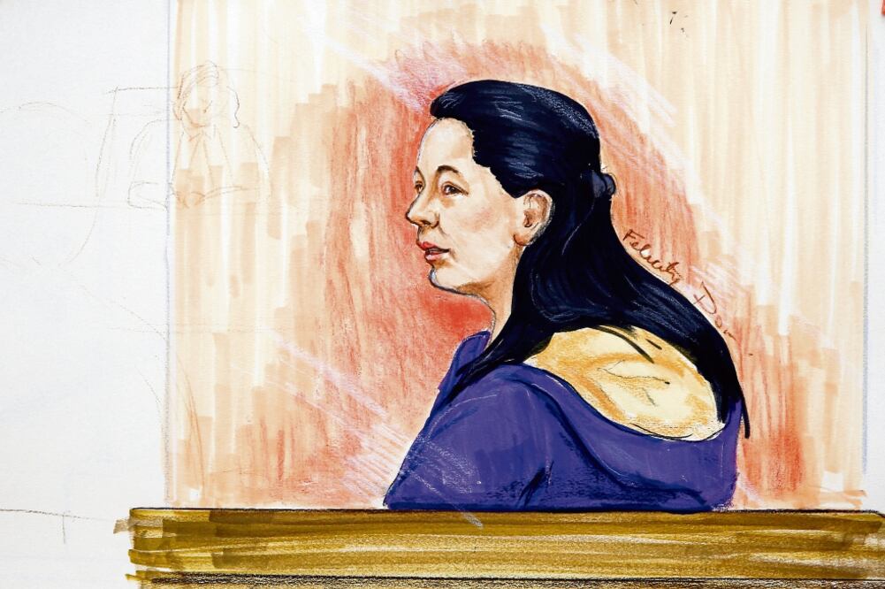 Ilustración de Sabrina Meng Wanzhou, directora de finanzas de Huawei, ayer durante una audiencia en la Corte Suprema en Vancouver, Canadá. Foto: FELICITY DON. REUTERS