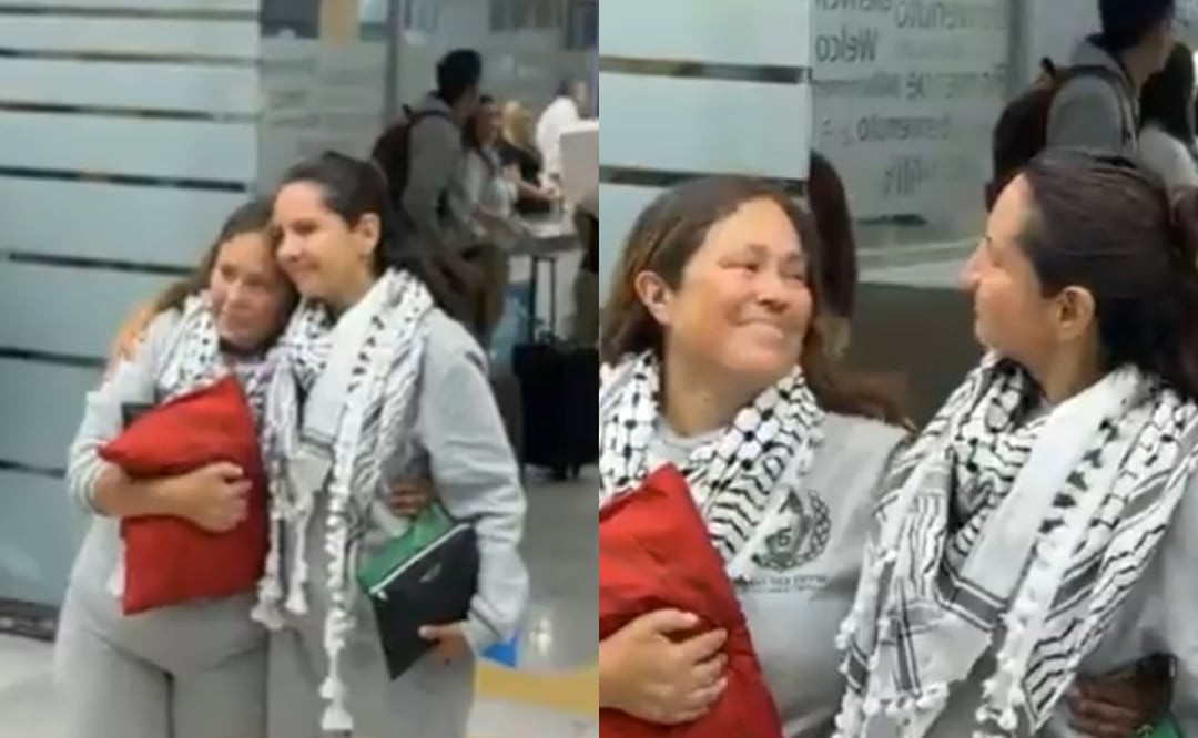 Sol González y Violeta Núñez, quienes llevaban ayuda humanitaria a Gaza, llegan a CDMX (22/05/2026). Foto: Especial