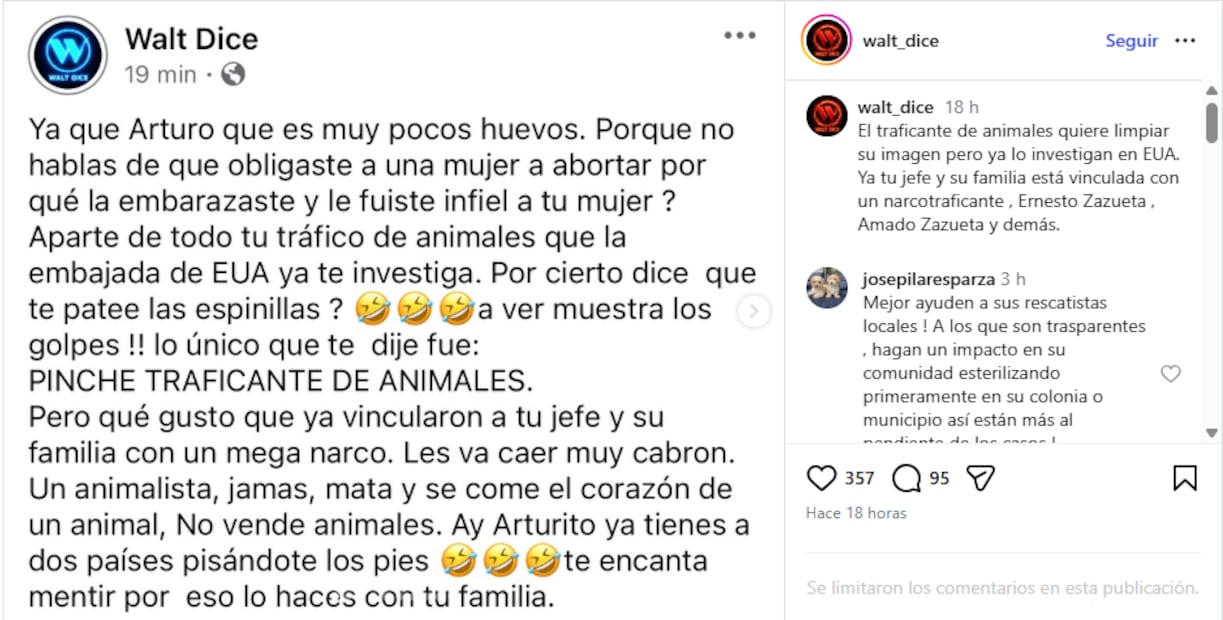 Contestación de Walt Dice a acusaciones de Arturo Islas. Foto: Instagram @walt_dice