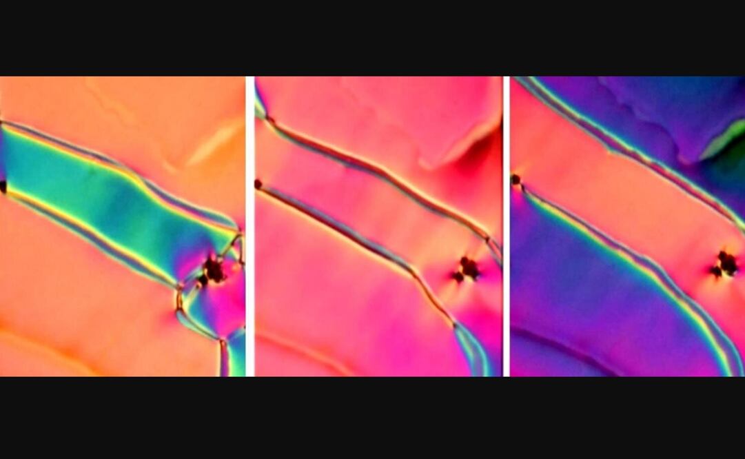 Los colores en esta nueva fase de cristal líquido descubierta cambian a medida que los investigadores aplican un pequeño campo eléctrico. Foto: SMRC vía Europa Press