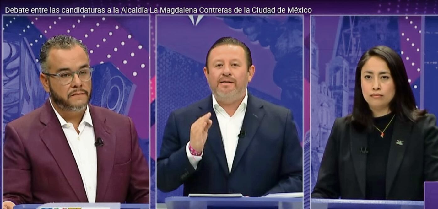 Fernando Mercado (Seguiremos Haciendo Historia), Luis Gerardo Quijano (Va por la CDMX) y Nitza Garduño (MC), durante el debate. Foto Especial